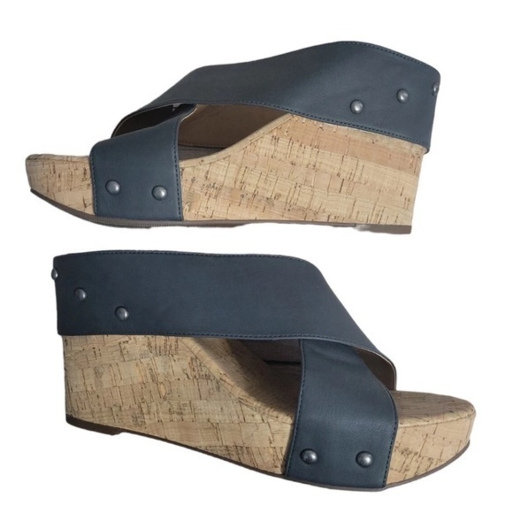 NEW Lucky Brand Mykayla Wedge Sandals Gray Vegan Leather Platform Cork Size 10